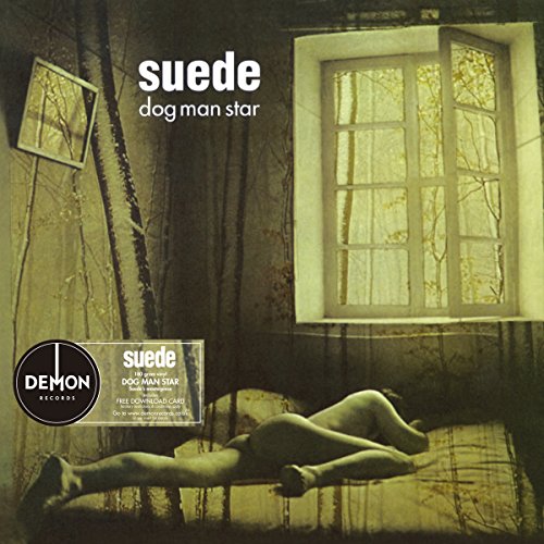 "Suede album cover featuring a nude figure lying on a bed by a window."