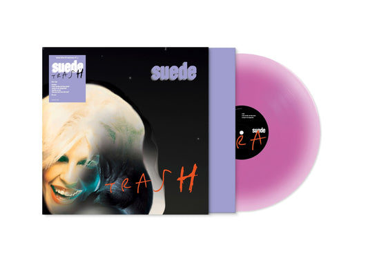 Suede "Trash" lilac vinyl LP with album artwork and record visible.