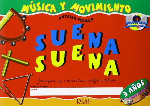 Red cover with colorful text "Suena Suena" and musical instruments illustrations.