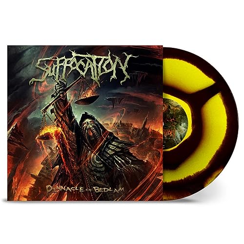Suffocation vinyl record with dark cover art and yellow-black swirl disc.