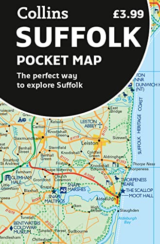 Collins Suffolk pocket map showing roads, towns, and coastal areas.