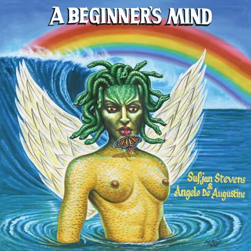 Medusa with wings and a butterfly on her lips in front of a rainbow.