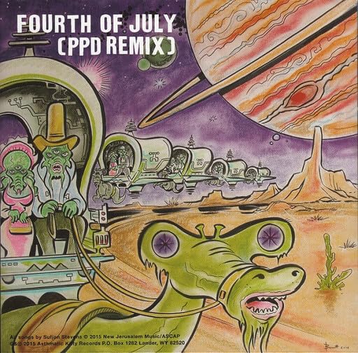 Cartoon illustration of aliens in covered wagons on a desert planet under a planet.