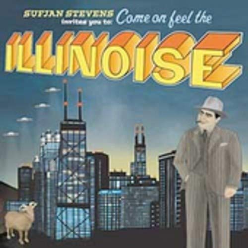 “Illinoise” CD cover with cityscape, man in suit, and a sheep.