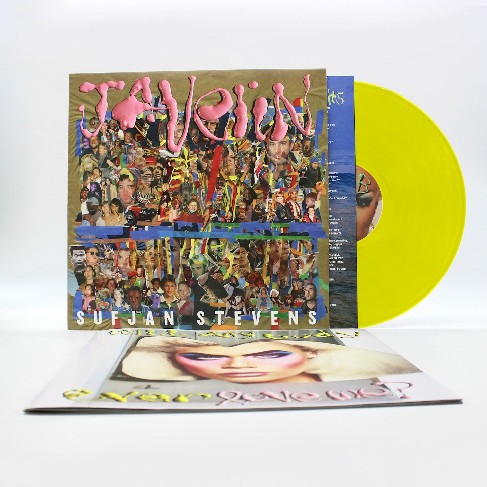 Sufjan Stevens’ “Javelin” vinyl LP with colorful cover and yellow record.