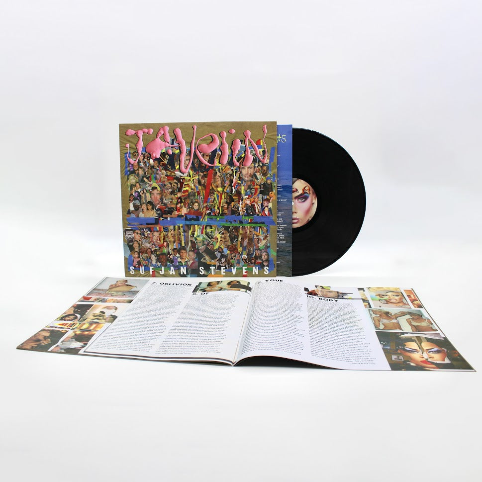 Sufjan Stevens’ “Javelin” vinyl record with colorful cover art and lyric booklet.