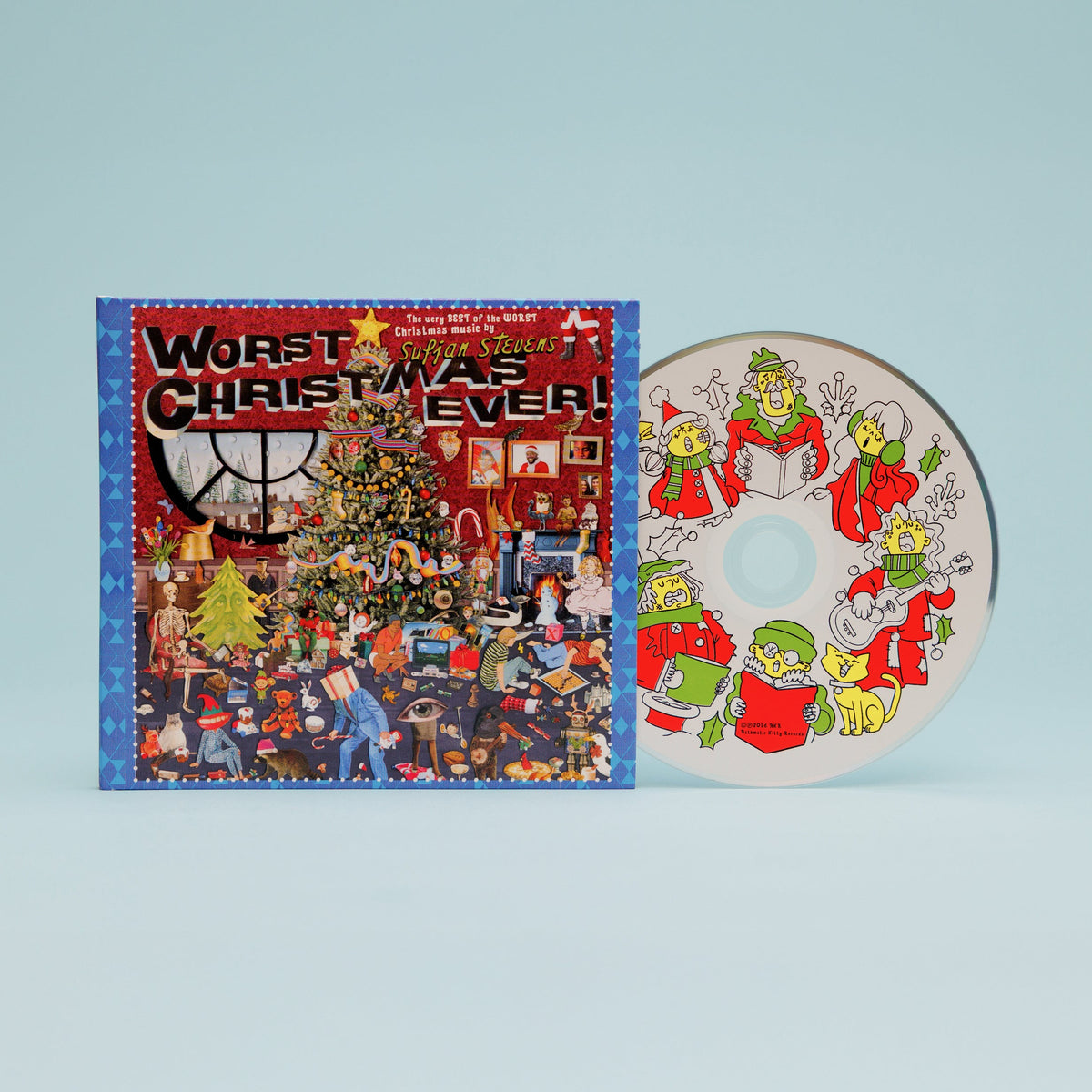 Sufjan Stevens "Worst Christmas Ever!" CD case and disc with cartoon figures.