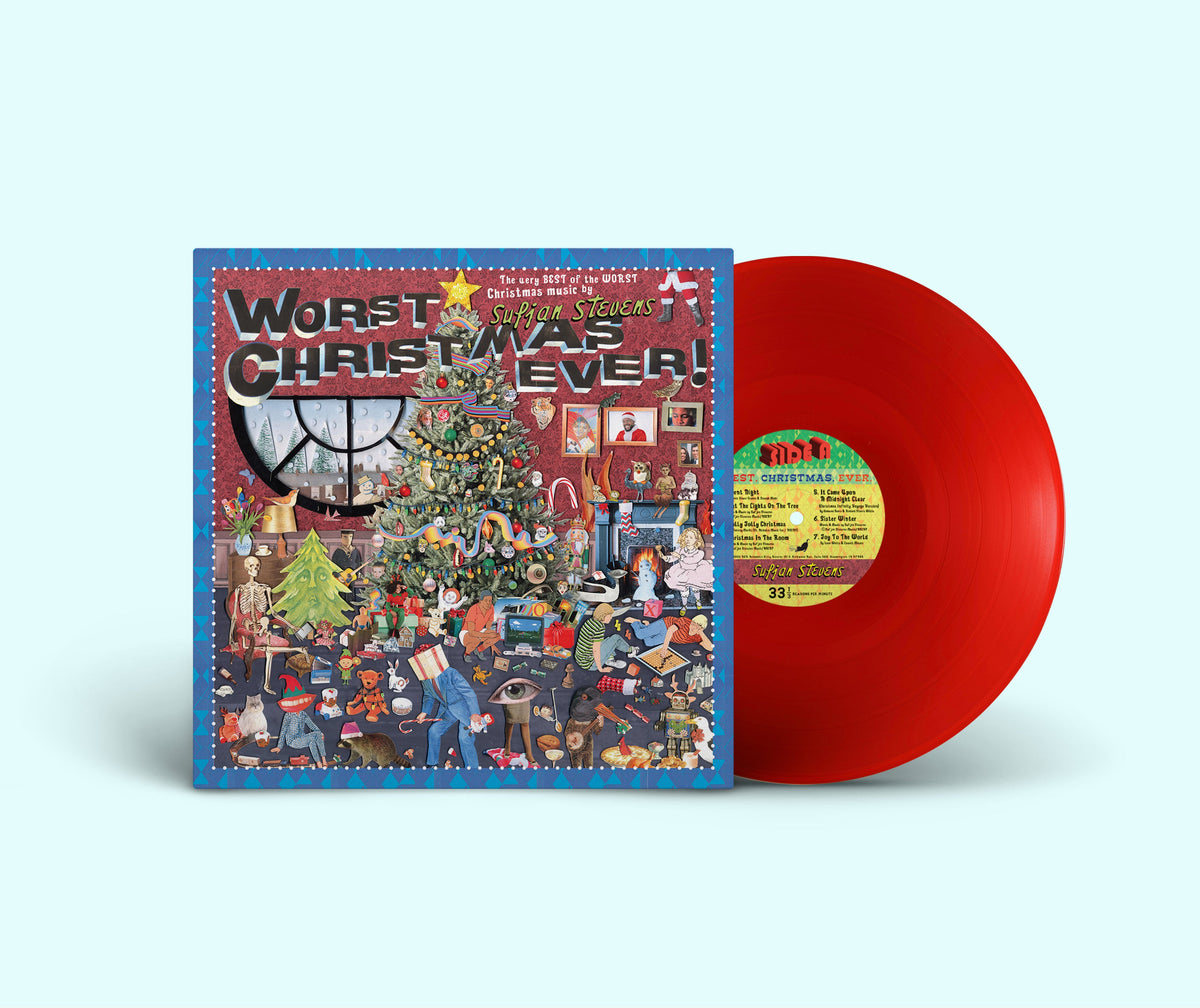 Red vinyl LP of Sufjan Stevens’ “Worst Christmas Ever!” album with illustrated cover.