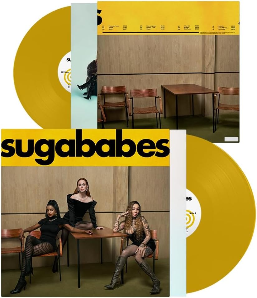 Sugababes vinyl record cover with three women seated at a table.