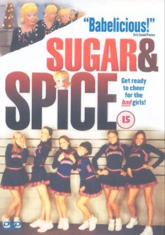 DVD cover for Sugar and Spice featuring six cheerleaders in blue uniforms.