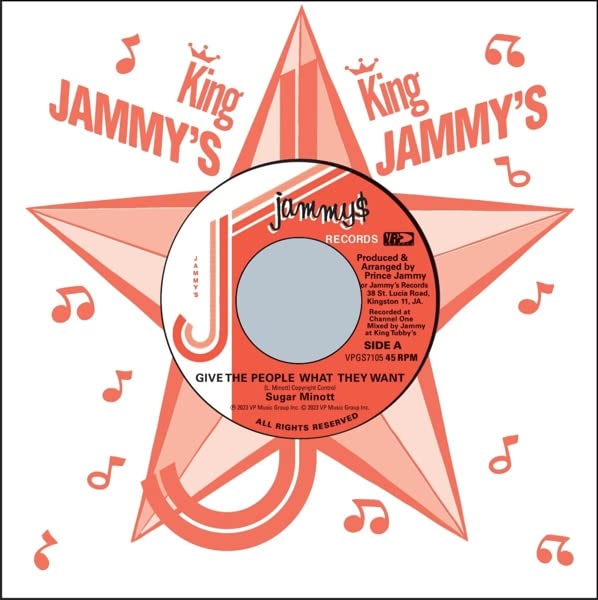 Red star-shaped vinyl record label with text and musical notes.
