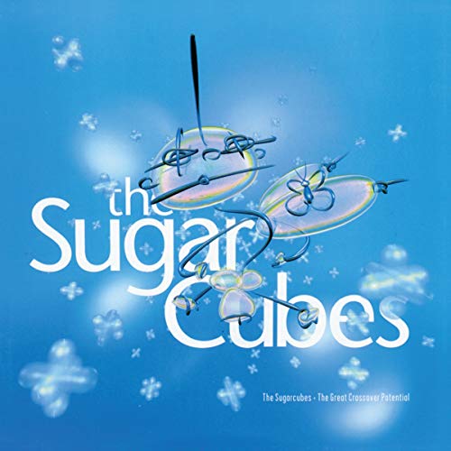 Sugarcubes album cover: iridescent shapes and band name on blue background.