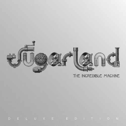 The word Sugarland spelled out with industrial pipes and mechanical parts on grey background.