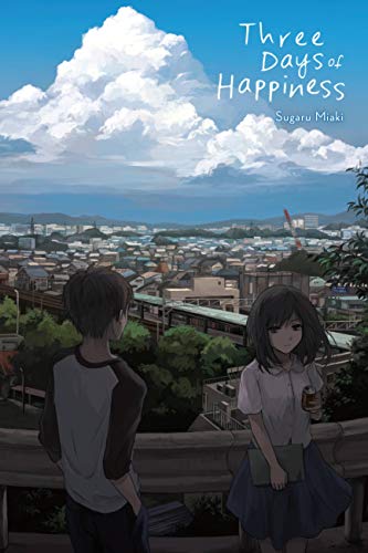 A boy and girl stand on a bridge overlooking a town under large clouds.