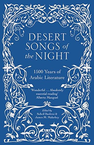 Book cover: “Desert Songs of the Night,” ornate white design on blue.