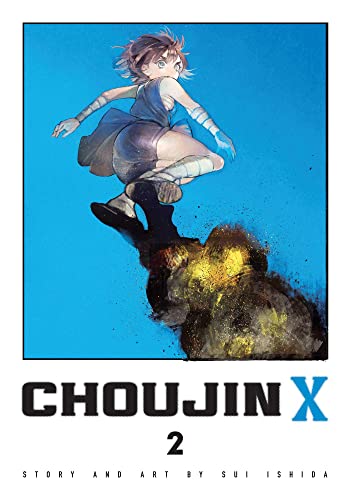 A character leaps into a bright blue sky above a dark, smoky explosion.