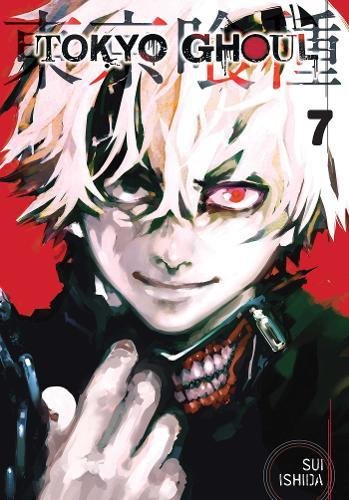 Dark fantasy manga cover with Kaneki and Touka, Tokyo cityscape background, black dominant color.