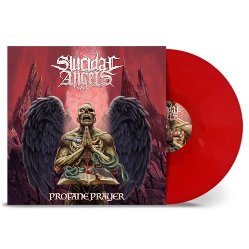 Album cover art showing a winged skeleton praying over a book with red vinyl.