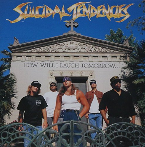 Five band members stand in front of a stone mausoleum under a blue sky.