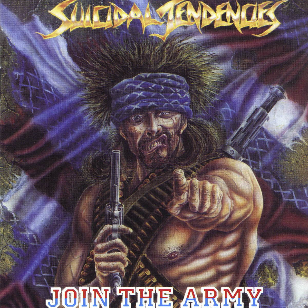 Album cover: Man with mohawk pointing, holding guns, “Join The Army”.