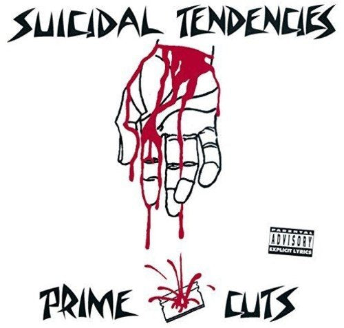 "Album cover with a bloody hand and cassette, parental advisory label, on white background."