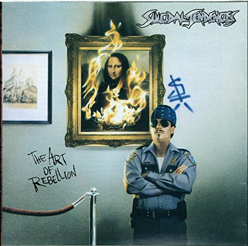Album cover: burning Mona Lisa, police officer, graffiti, framed artwork.