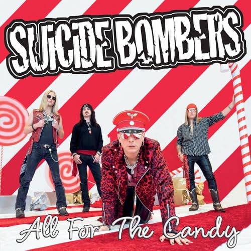 Four band members in glam rock attire pose against a red and white striped background.