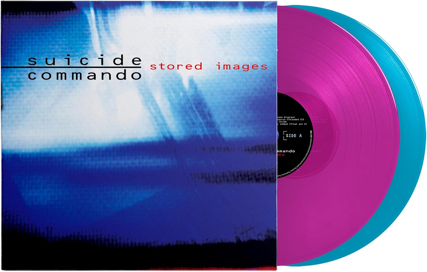 Suicide Commando Stored Images album cover with neon pink and blue vinyl records.
