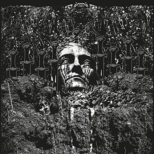 Black and white album cover with a distressed face and silhouetted trees.