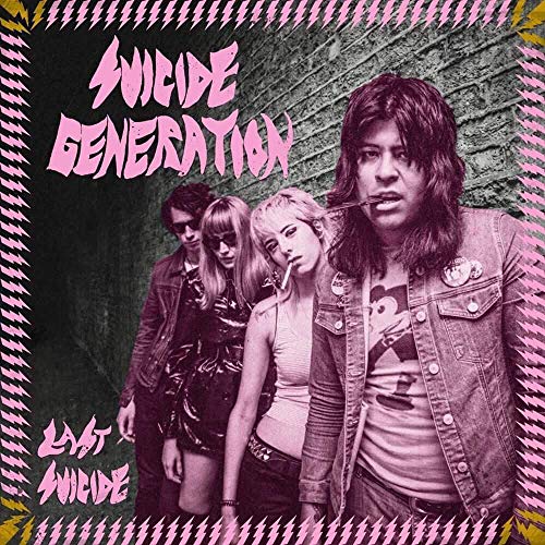 "Album cover with three punk band members and pink, graffiti-style text."