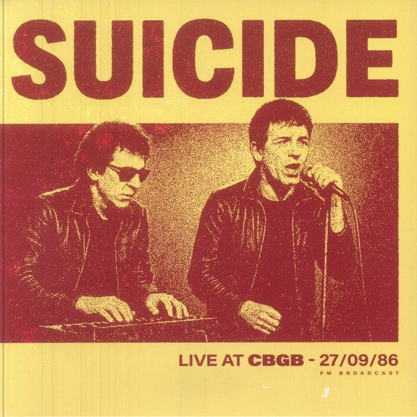 Suicide album cover: two men with instruments in red and yellow tones.