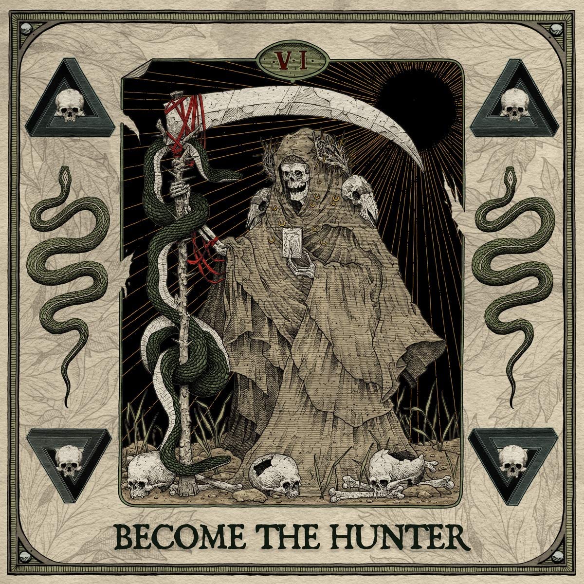 Album cover art featuring a grim reaper surrounded by snakes and skulls, with "Become The Hunter" text.