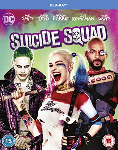 Suicide Squad" Blu-ray cover featuring Harley Quinn, Joker, and Deadshot.