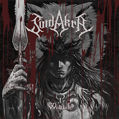 Suidakra "Wolfbite" CD cover: wolf head with a warrior and blood splatters.