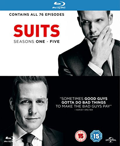 "Blu-ray cover for 'Suits' seasons 1-5, featuring two men in suits."