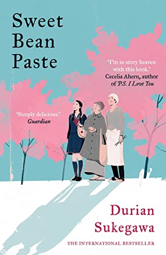 Book cover featuring three people standing before pink trees against a blue background.