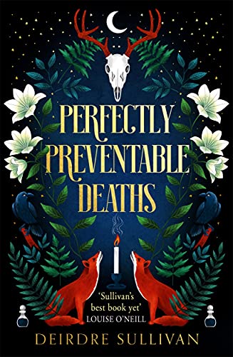 Book cover featuring a deer skull, foxes, ravens, and a candle on dark background.