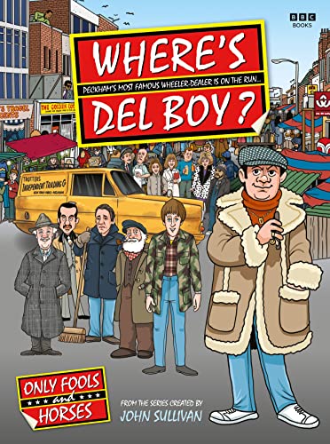 Cartoon book cover featuring Del Boy from "Only Fools and Horses" and a market scene.