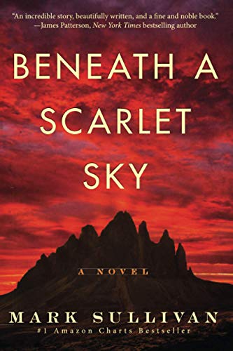 Book cover for Beneath a Scarlet Sky showing a dark mountain under a red sky.