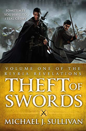 Book cover showing two men with swords in a battle scene against a background.