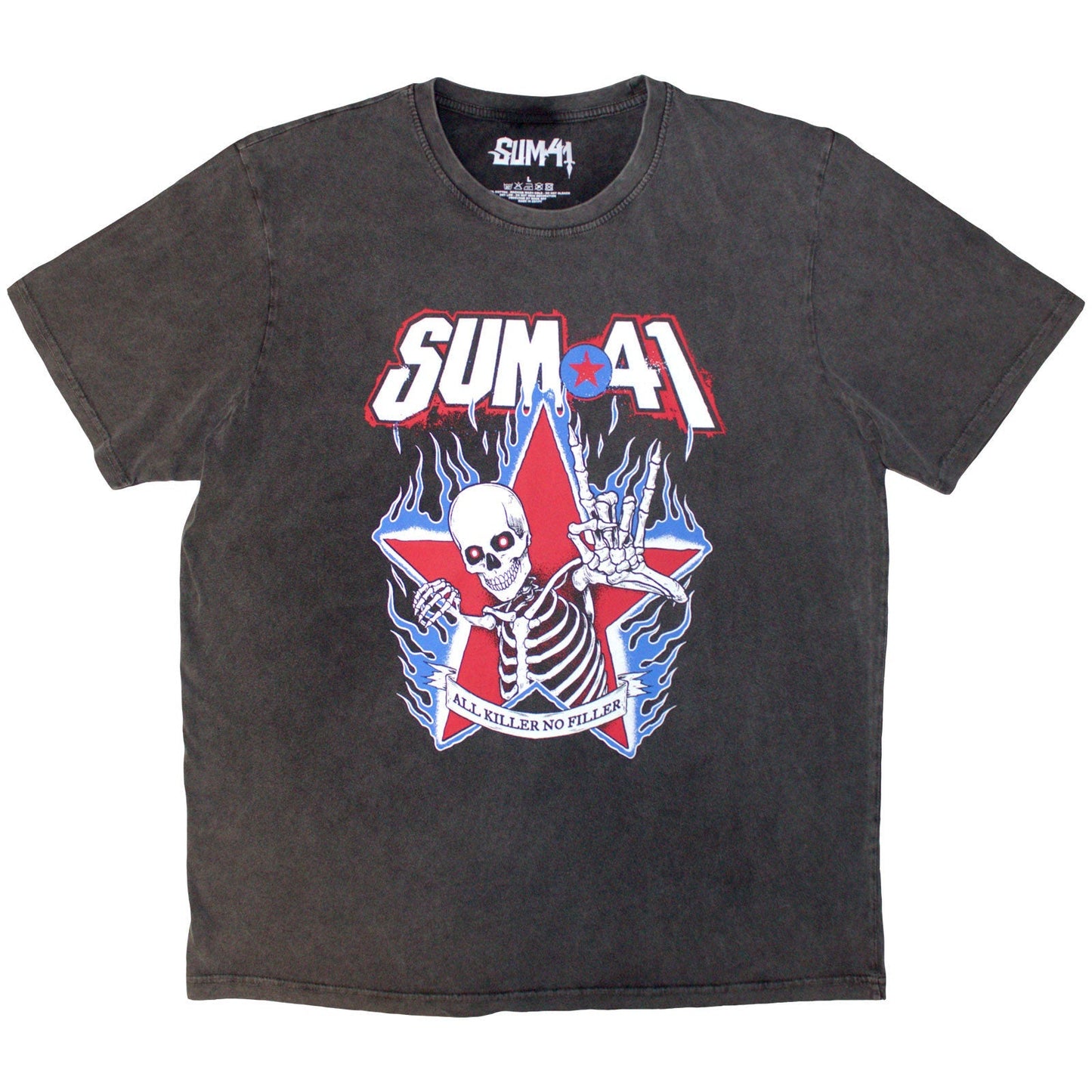 Charcoal stone-washed t-shirt featuring a Sum 41 skeleton graphic with a red star.