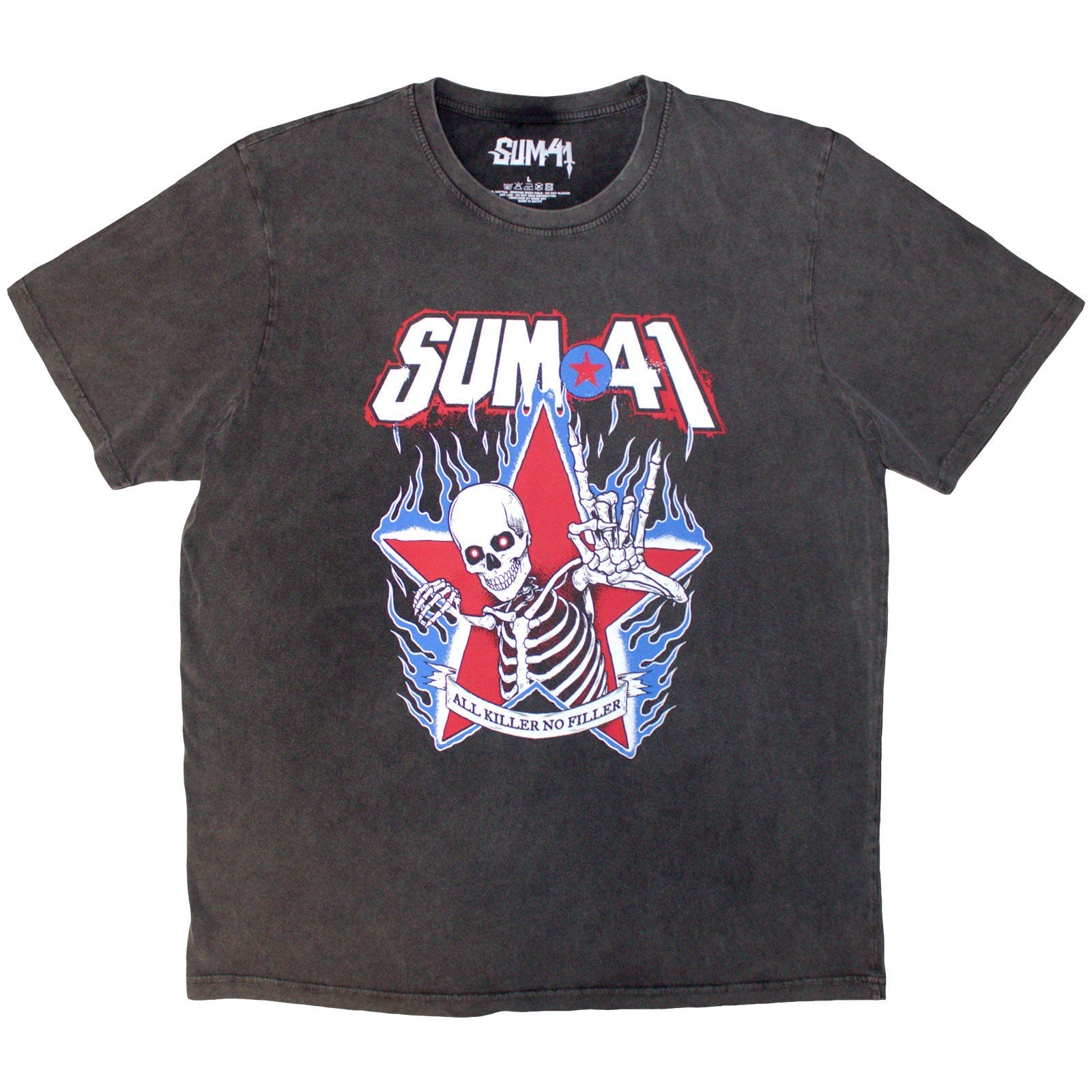 Charcoal stone-washed t-shirt featuring a Sum 41 skeleton graphic with a red star.