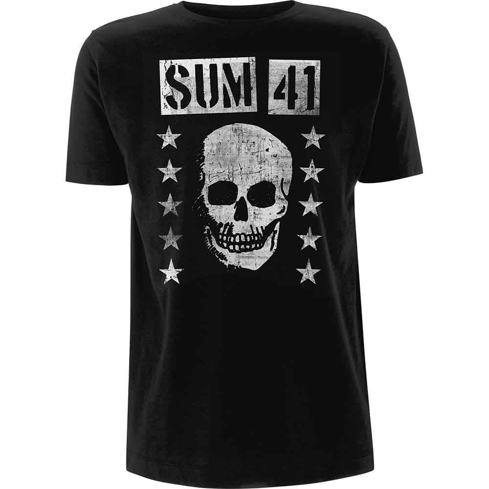 Black t-shirt with a grinning skull and "SUM 41" graphic.