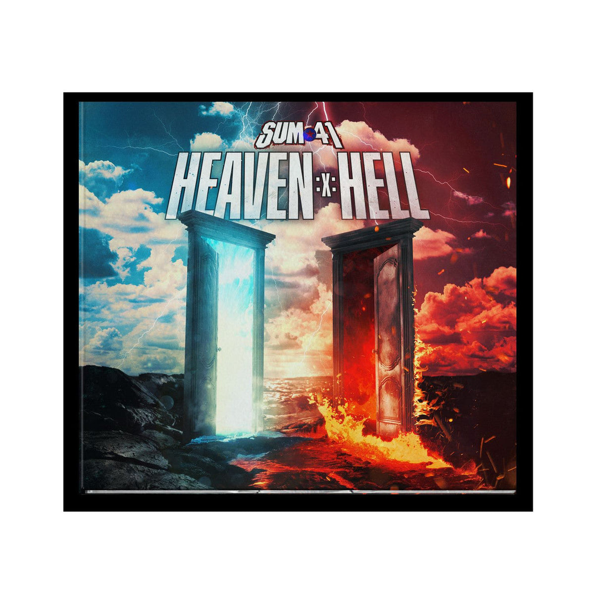 Sum 41 album cover: two doorways, one bright, one fiery.