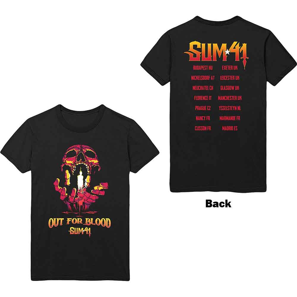 Black Sum 41 t-shirt with a red skull and “Out for Blood” text.