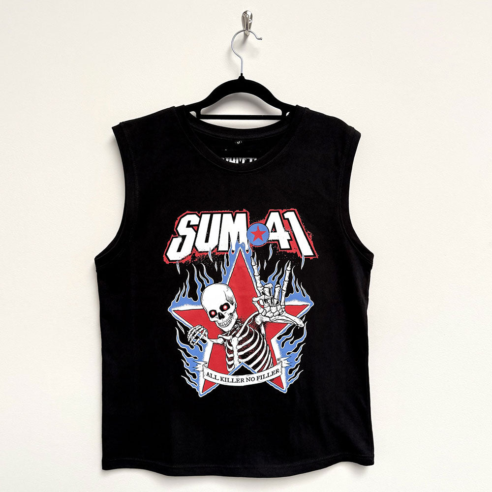 Black tank top with Sum 41's "All Killer No Filler" skeleton graphic, large size.