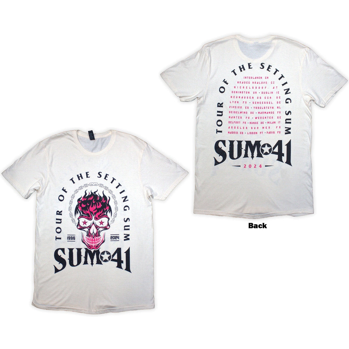 Natural colored t-shirt with pink skull back print, Sum 41 Tour '24 design.