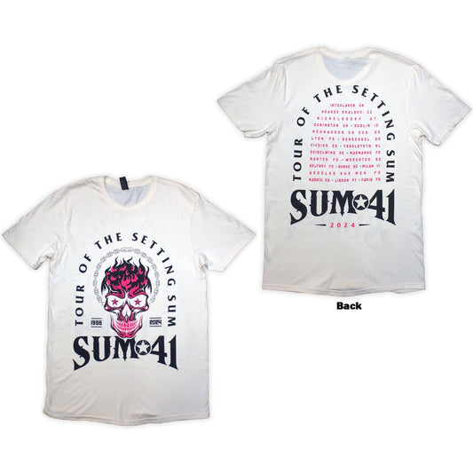 Natural colored t-shirt with pink skull back print, Sum 41 Tour '24 design.