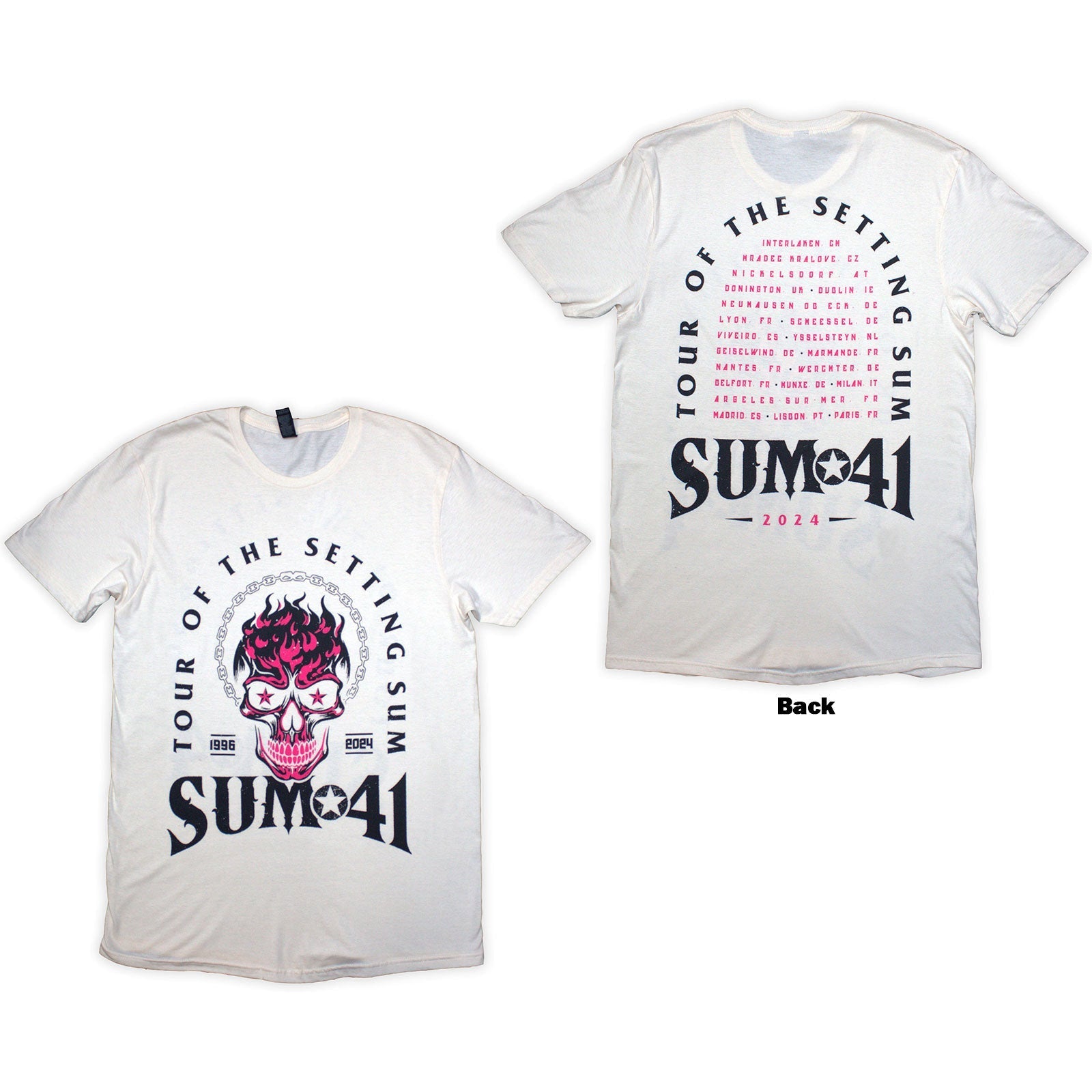 Natural colored t-shirt with pink skull back print, Sum 41 Tour '24 design.