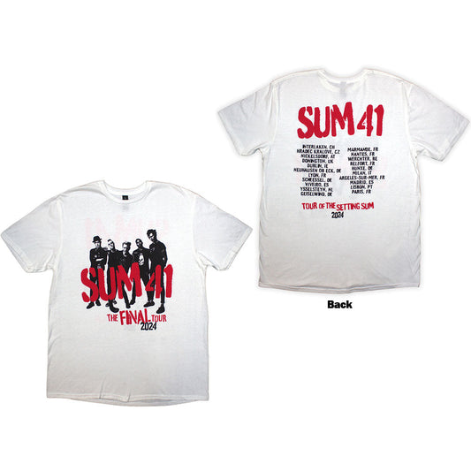 White unisex t-shirt with Sum 41 Tour '24 spray paint design on back.